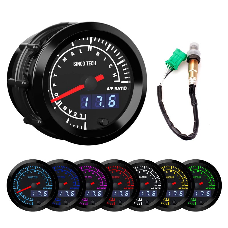 SINCO TECH 52mm Afr Gauge Car Meter Digital Display Pointer 7 Colors Backlight 12V Universal with Narrow Oxygen Kit AF Meter